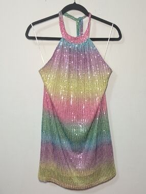 Day + Moon Rainbow Sequin Halter Mini Dress Colorful Pride LGBTQ+ Women's Size S